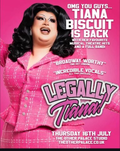 A performer in a glamorous outfit announces a return to the stage for "Legally Tiana."