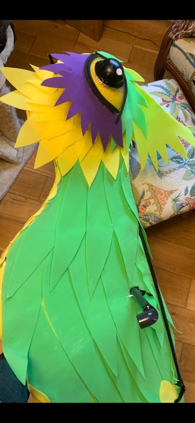 Colourful, whimsical feather costume with purple and yellow accents.