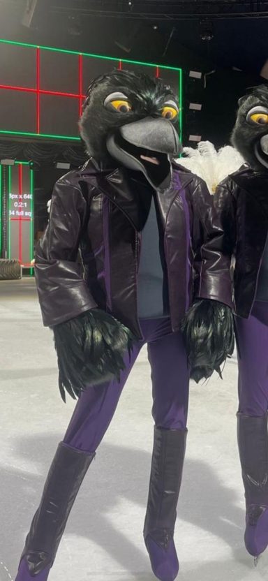 A person in a raven costume with a black jacket and purple trousers on an ice rink.